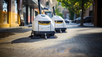 Futuristic robot cleaner on a city street, vacuum and mop the floor - 733368718