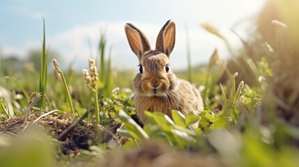 Fototapeta premium A rabbit sitting in the middle of a field. Suitable for nature or animal-related designs
