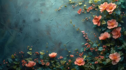 Obraz różowych kwiatów na niebieskim tle - obrazy, fototapety, plakaty