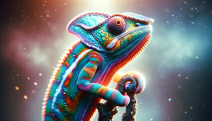 Obraz premium Vibrant rainbow-scaled chameleon in a playful pose, rendered in high-detail with cinematic color grading and anime flair, under soft, diffused lighting. Generative AI.
