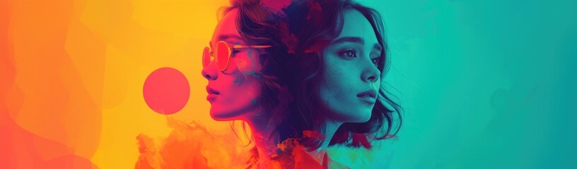 Fototapeta premium Girl with a woman colorful background, in the style of deconstructed minimalism, double exposure