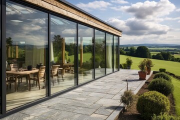 Countryside terrace with sliding glass - obrazy, fototapety, plakaty