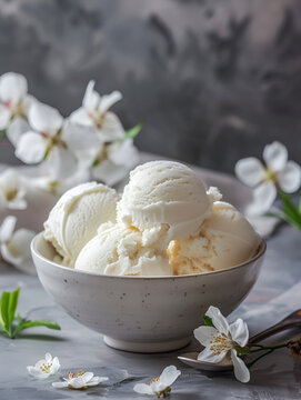 Cottage cheese ice cream in a bowl with white spring flowers, minimalistic frozen trendy food vertical image. Cottage cheese ice cream served with springtime elegance. Low fat desserts concept