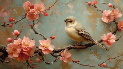 Ptak na gałęzi z różowymi kwiatami - obrazy, fototapety, plakaty