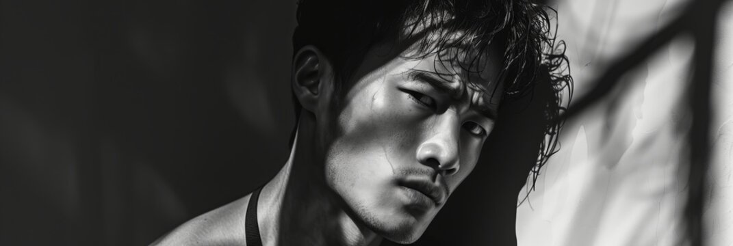 Black and white photo of a handsome Asian man, close-up portrait of a man ,banner