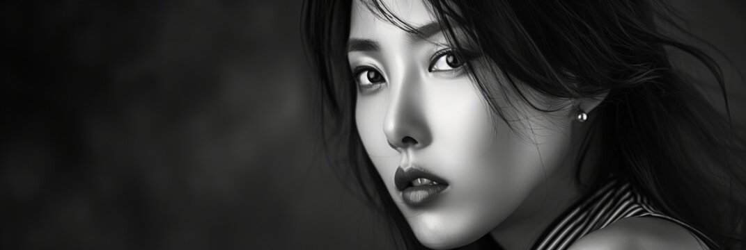 Black and white photo of beautiful Asian girl, close-up portrait of woman, banner
