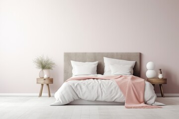 Fototapeta na wymiar Double bed isolated against a white wall, pastel pink pillows and bedding