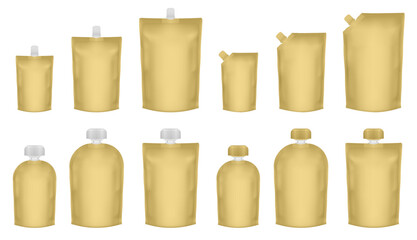 Set of gold doypack packaging with screw cap. Blank foil drink bags pouches with spout. Ketchup, mayonnaise or mustard. Stand up doy pack mock up set. Cosmetic refill. Fruit puree, baby food