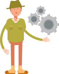 Male Character Holding Gears
