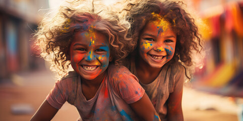 Happy children with colorful face enjoy at holi color festival - obrazy, fototapety, plakaty