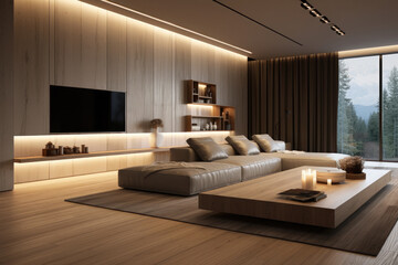 Modern, rich, elite living room interior. Light, beige color scheme. 3D rendering