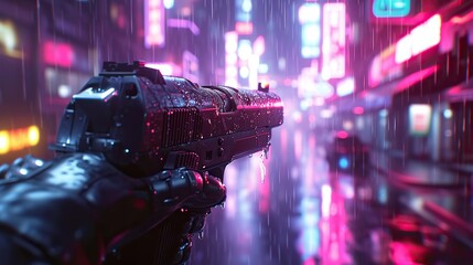 A detailed cyberpunk gun gleaming with raindrops, held up in a neon-lit, rain-soaked city at night. - obrazy, fototapety, plakaty