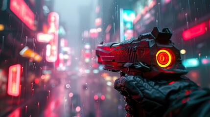A cyberpunk-themed energy weapon held in a gloved hand, against a vibrant, rainy, neon-lit urban backdrop.