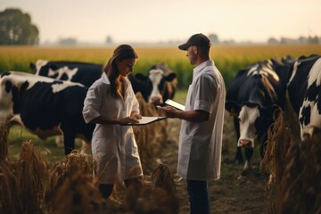 Caucasian man and woman veterinarian inspect cows on a farm - obrazy, fototapety, plakaty