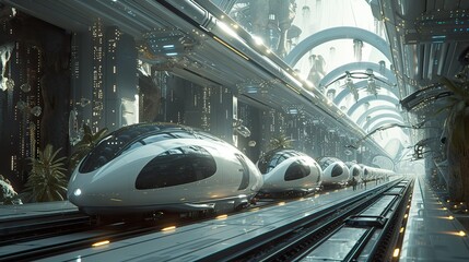A state-of-the-art train station with sleek, streamlined trains in a luminous, futuristic cityscape filled with light.