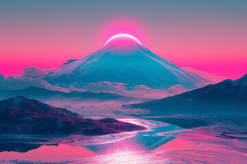 Fototapeta premium Beautiful lake and fuji mountain with pink and blue tones sunset background