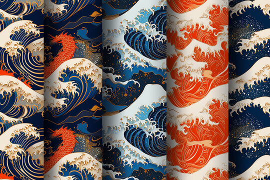 Contemporary japanese seamless pattern with vintage ornament blue, gold, and white background