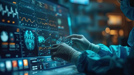 A scientist interacts with a futuristic digital interface displaying brainwave data and neurological information in a high-tech lab environment.