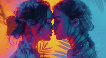 Girl with a woman colorful background, in the style of deconstructed minimalism, double exposure