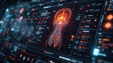 Obraz premium Futuristic interface displaying a detailed human anatomy scan with neural connections and physiological data, illustrating advanced medical technology.