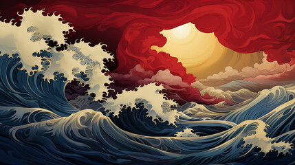 Abstract waves landscape with japanese style art illustration