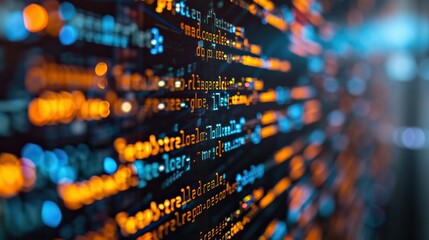 Focused image of dynamic programming code on a computer monitor with a bokeh effect highlighting software development and coding. - obrazy, fototapety, plakaty