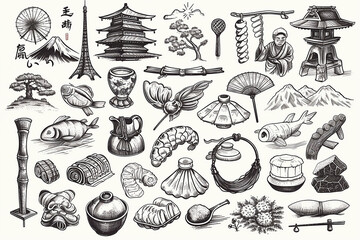 Japanese doodle set theater elements. Kumadori mask. Kimono ornament. Asia culture symbols bundle. Chinese sketches. Asian drawings collection. China. Japan. Oriental vector sketch. - obrazy, fototapety, plakaty