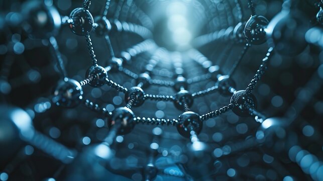 3D representation of a molecular nanostructure, emphasizing the intricate network of atoms in nanoscale materials science and engineering.