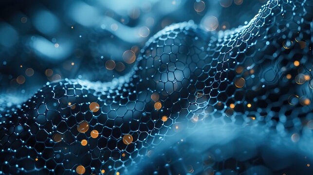 Abstract concept of a nanotechnology graphene structure, featuring the hexagonal lattice of carbon atoms in a 3D illustration with a blue hue.