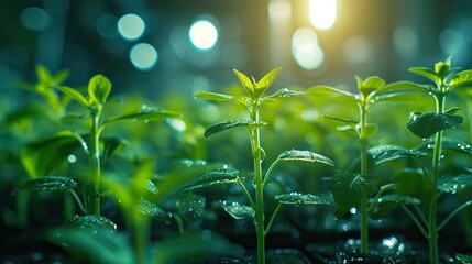 Young, dew-covered seedlings reaching for the light in a lush greenhouse setting, a symbol of growth and sustainability in agriculture.