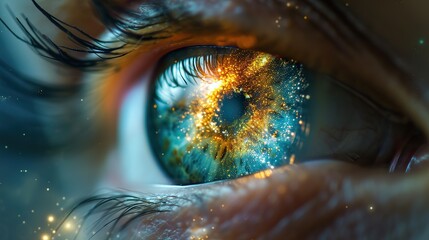 A captivating macro image of an eye with a sparkling star-like reflection, evoking the vastness of the universe observed within an individual gaze.