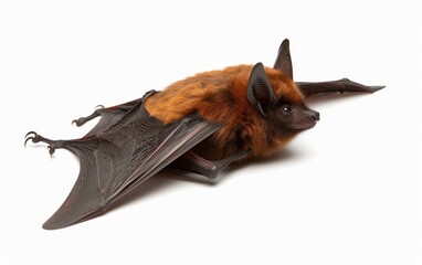 Obraz premium A bat captured in a gliding pose with its brown fur and wings fully extended against a white backdrop.