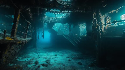 Schilderijen op glas Drowning old ship interior diving wallpaper background © Irina