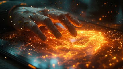 A hand interacts with a high-tech touchscreen surface, where a touch creates a dynamic burst of glowing energy particles.