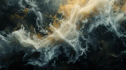 Foto op Canvas A fusion of moonlit ivory and opulent gold dispersing in water, crafting a luminous and captivating abstract tableau against a background of abstract black.  © Tanveer Shah