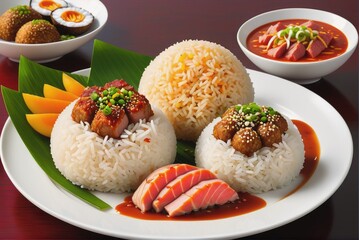 Photograph of a Gourmet Rice Ball Lunch featuring fresh meat 