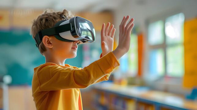 Side view portrait of little boy wearing VR headset and reaching out while testing augmented technology in school laboratory