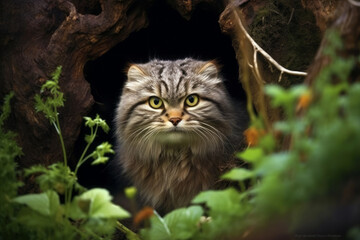 Naklejka na ściany i meble Manul, a predatory forest cat. portrait of a wild animal in its natural environment.