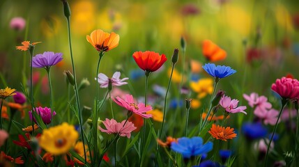 Obraz premium Diverse wildflowers in full bloom create a tapestry of colors in a serene meadow, captured in the soft light of dawn.