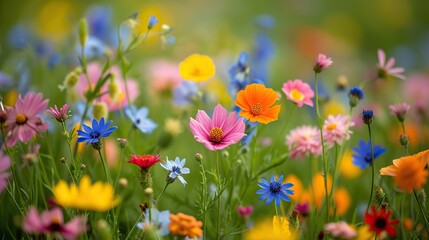 A lively summer meadow dotted with a spectrum of wildflowers, each petal vibrant under the warm, golden sunlight.