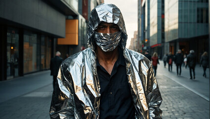 Mann verhüllt sich in Kleidung aus Aluminiumfolie, um sich vor Strahlung zu schützen