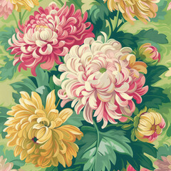 chrysanthemums drawing in shades of cream and pink and soft yellow. floral background, green background, colorful illustration.