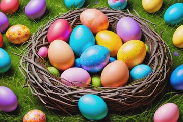 Fototapeta na wymiar Photograph of a Nest with Colorful Easter Eggs 