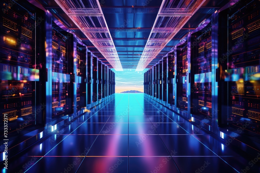 Poster a glowing network of connections in data center data storage, data center and network devices in hig
