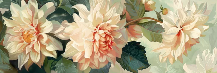 Tuinposter dahlias in full bloom, drawing in shades of cream and pink and soft yellow. banner, floral background, colorful illustration. © MaskaRad