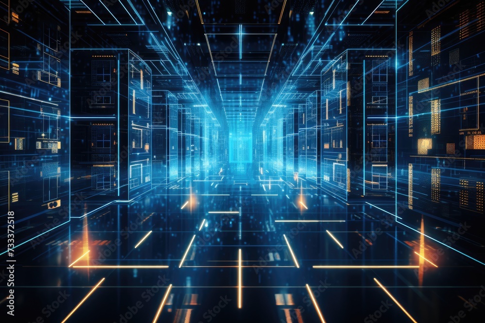 Poster a glowing network of connections in data center data storage, data center and network devices in hig