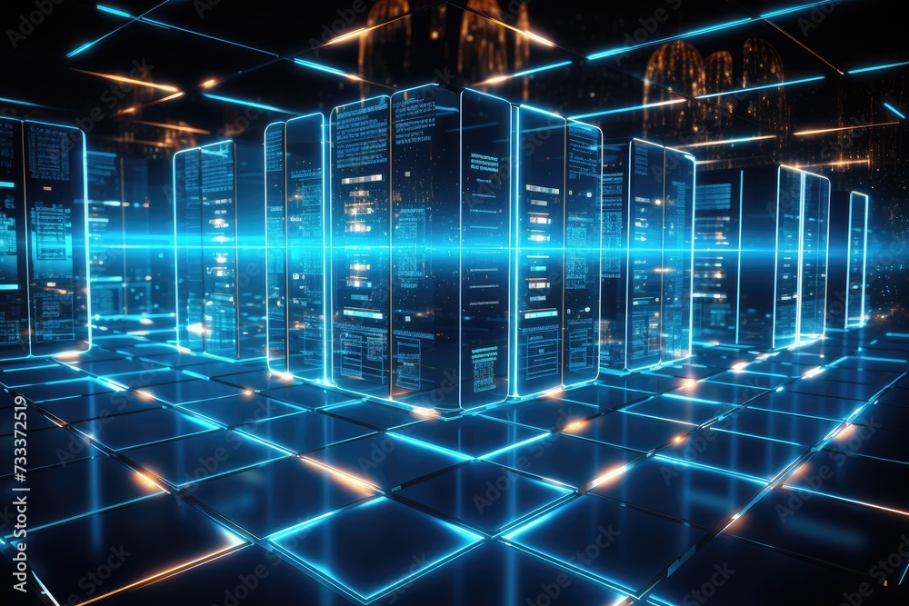 Poster a glowing network of connections in data center data storage, data center and network devices in hig