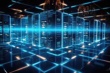 A glowing Network of connections in data center data storage, Data center and network devices in high performance operation, Ai generated