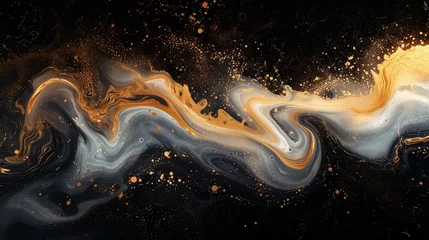 Foto op Canvas A fusion of moonlit ivory and opulent gold dispersing in water, creating a luminous and captivating abstract tableau against a backdrop of abstract black.  © Tanveer Shah