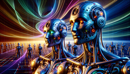Futuristic humanoid robots interacting in vibrant marketplace with abstract backdrop.